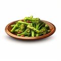 Photorealistic Fried Broccoli Dish On Wooden Plate