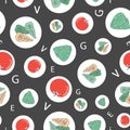 Vegetable Plates-Vegi Delight, seamless Repeat Pattern illustration.Background in red,green,orange and turquoise Royalty Free Stock Photo