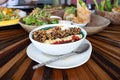 Vegetable pudding bowl vegan dessert with raspberry and banana clean eating concept. Royalty Free Stock Photo