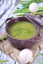 Vegetable pureed soup with asparagus and green peas topped with fresh dill Royalty Free Stock Photo