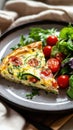 Vegetable quiche slice with fresh cherry tomatoes and mixed green salad on plate Royalty Free Stock Photo