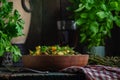 Vegetable roast eggplant and potatoes in a clay plate ketsa. Homemade healthy food in a rustic style