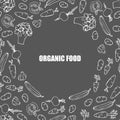Vegetable Round Frame border. White line pattern on dark gray background. Organic food logo. Circle composition from