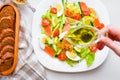 Vegetable salad. Baked eggplant salad and fresh tomatoes. View from above. natural products Royalty Free Stock Photo