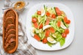 Vegetable salad. Baked eggplant salad and fresh tomatoes. View from above. natural products