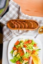 Vegetable salad. Baked eggplant salad and fresh tomatoes. View from above. natural products Royalty Free Stock Photo