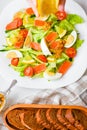 Vegetable salad. Baked eggplant salad and fresh tomatoes. View from above. natural products