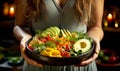 Vegetable salad bowl with avocado, egg in woman hands. Girl holds in hands vegan breakfast meal in bowl. Healthy eating concept Royalty Free Stock Photo