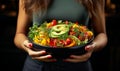 Vegetable salad bowl with avocado, egg in woman hands. Girl holds in hands vegan breakfast meal in bowl. Healthy eating concept Royalty Free Stock Photo