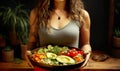 Vegetable salad bowl with avocado, egg in woman hands. Girl holds in hands vegan breakfast meal in bowl. Healthy eating concept Royalty Free Stock Photo