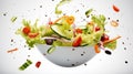 Vegetable salad in a bowl with flying ingredients and drops of olive oil Royalty Free Stock Photo