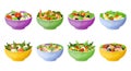 Vegetable salad. Cartoon bowls with healthy lettuce leaves and sauces. Summer light breakfast. Tomato and fish pieces Royalty Free Stock Photo