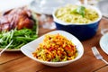 Vegetable salad with corn and other food on table Royalty Free Stock Photo