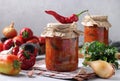 Vegetable salad with eggplant, carrot, peppers, onion and tomatoes in glass jars on gray table Royalty Free Stock Photo