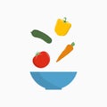 Vegetable salad with falling fresh ingredients in bowl. Recipe of salad. Vector.