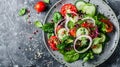 Vegetable salad of fresh tomato, cucumber, onion, spinach, lettuce cheese and sesame on plate. Diet menu. Top view. Royalty Free Stock Photo