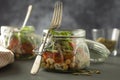 Vegetable salad in glass jar, diet, detox, clean eating and vegetarian concept, copy space