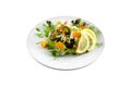 Vegetable salad with greens and pumpkin on a white plate on an isolated background, bright summer vegetables Royalty Free Stock Photo