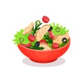 Vegetable salad with meat, cherry tomatoes, olives and lettuce, healthy eating concept vector Illustration