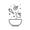 Vegetable salad recipe, eat healthy food, salad fresh ingredients in bowl, vector line icon.