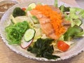 Salmon Salad. Fresh Veggies. Seaweed. Royalty Free Stock Photo