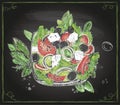 Vegetable salad sketch on a chalkboard, greek salad hand drawn chalk illustration