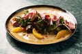 Vegetable salad with Smoked duck breast, close-up. Royalty Free Stock Photo