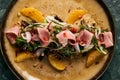 Vegetable salad with Smoked duck breast, close-up. Royalty Free Stock Photo