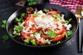 Vegetable salad with tomato, fresh lettuce, soft cheese and onion. Royalty Free Stock Photo