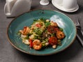 Vegetable salad with white beans, grilled shrimp and cherry tomatoes Royalty Free Stock Photo