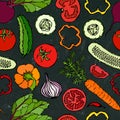 Vegetable Seamless Pattern with Cucumbers, Red Tomatoes, Bell Pepper, Beet, Carrot, Onion. Fresh Green Salad. Vegetarian Food. Han