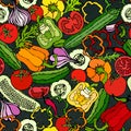 Vegetable Seamless Pattern with Cucumbers, Red Tomatoes, Bell Pepper, Beet, Carrot, Onion, Garlic, Chilli. Fresh Green Salad. Hand