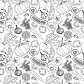 Vegetable Seamless Pattern with Cucumbers, Red Tomatoes, Bell Pepper, Beet, Carrot, Onion, Garlic, Chilli, Pumpkine. Fresh Green S