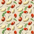 Vegetable Seamless Pattern of Sketch Haricot Bean and Bean Sprout, Used in Vegan and Healthy Recipes.