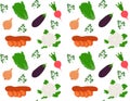 Vegetable seamless pattern. Vector illustration of sweet potato onion, fresh herbs, radish for print Royalty Free Stock Photo