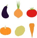 The vegetable set. Purple eggplant, orange pumpkin, carrot, onion, potato, red tomato on a white background, hand drawing Royalty Free Stock Photo