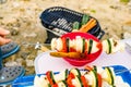 Vegetable skewers ready to be grilled on barbecue grill Royalty Free Stock Photo