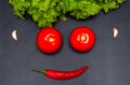 Vegetable smiling face. Fresh organic Vegetables on dark table. Healthy Vegetarian food, View from above Royalty Free Stock Photo