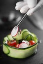 A vegetable snack made from fresh vegetables such as cucumber, tomato, feta cheese and microgreens. Chef decorates a gourmet dish Royalty Free Stock Photo