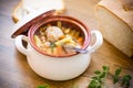 Vegetable soup with beans and meatballs in a ceramic bowl Royalty Free Stock Photo