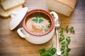 Vegetable soup with beans and meatballs in a ceramic bowl Royalty Free Stock Photo