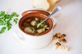 Vegetable soup with beans and meatballs in a ceramic bowl Royalty Free Stock Photo