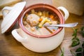 Vegetable soup with beans and meatballs in a ceramic bowl Royalty Free Stock Photo