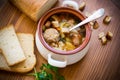 Vegetable soup with beans and meatballs in a ceramic bowl Royalty Free Stock Photo