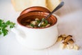 Vegetable soup with beans and meatballs in a ceramic bowl Royalty Free Stock Photo