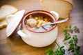Vegetable soup with beans and meatballs in a ceramic bowl Royalty Free Stock Photo