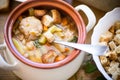 Vegetable soup with beans and meatballs in a ceramic bowl Royalty Free Stock Photo