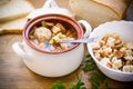 Vegetable soup with beans and meatballs in a ceramic bowl Royalty Free Stock Photo