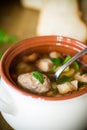 Vegetable soup with beans and meatballs in a ceramic bowl Royalty Free Stock Photo