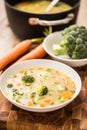 Vegetable soup from broccoli carrot onion and other ingredients. Healthy vegetarian food and meals